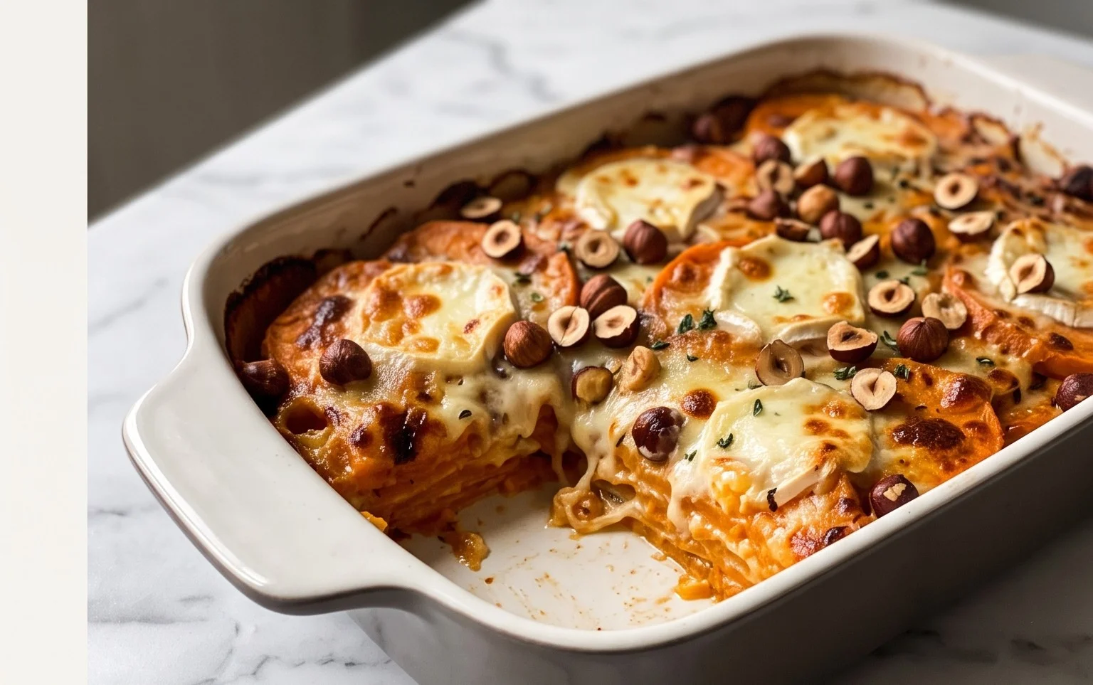 Gratin de patates douces au chèvre et noisettes